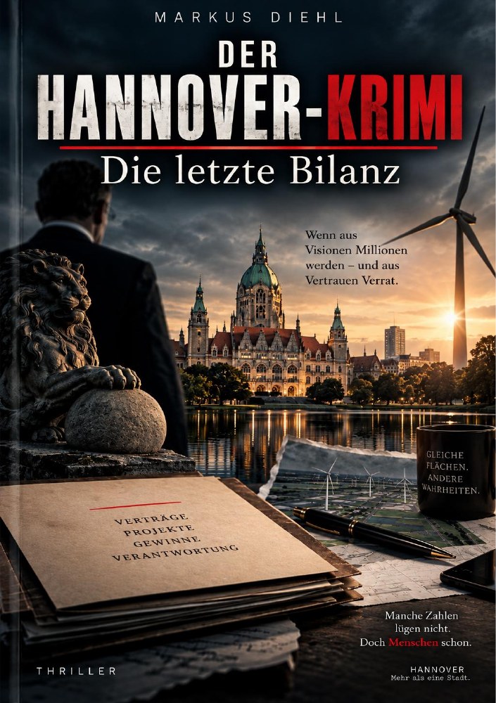 Buchcover: Der Hannover-Krimi – Die letzte Bilanz von Markus Diehl, mit Hannovers Neuem Rathaus und Windrädern.